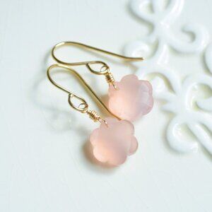 Pink Chalcedony Flower Earrings in Gold - Handmade